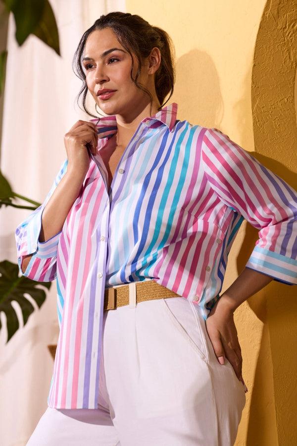 Foxcroft Juliet Plus No Iron Stretch Matte Sateen Ombré Stripe 3/4 Sleeve Shirt