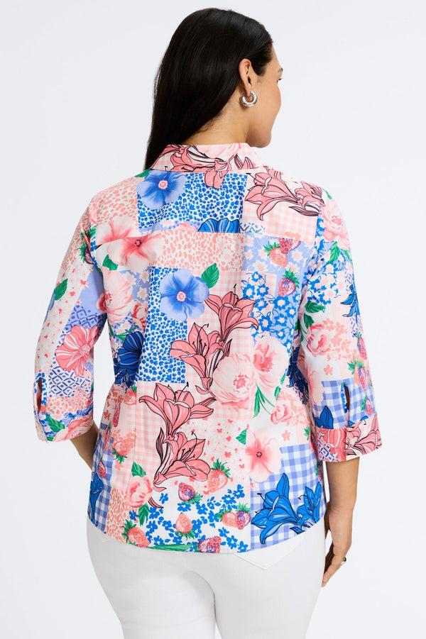 Foxcroft June Plus Springtime Collage 3/4 Sleeve Shirt