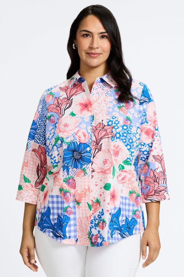 foxcroft June Plus Springtime Collage 3/4 Sleeve Shirt