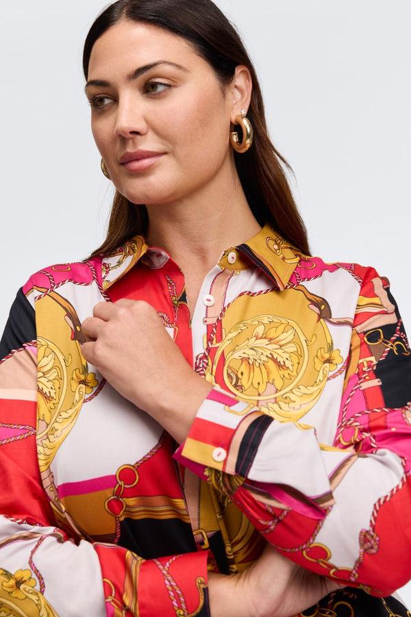 Foxcroft Luna Plus Buckle Scarf Print Long Sleeve Shirt