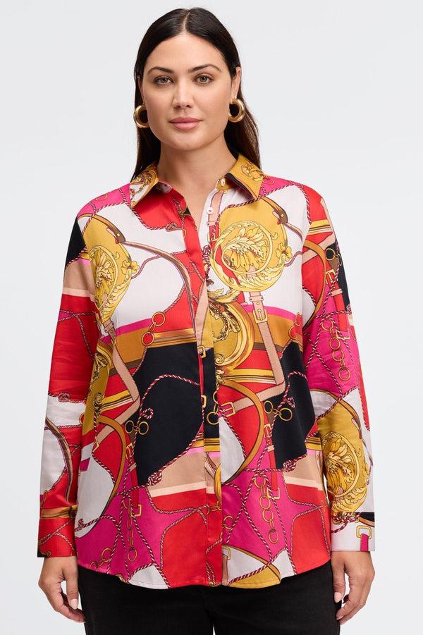 foxcroft Luna Plus Buckle Scarf Print Long Sleeve Shirt