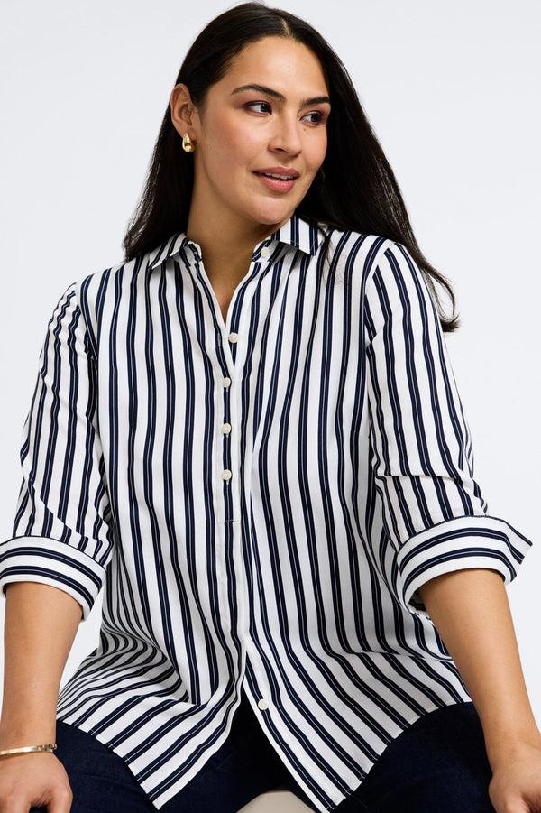 Foxcroft Madison Plus Double Stripe 3/4 Sleeve Shirt