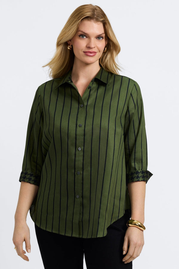 foxcroft Margie Plus Stripe & Houndstooth 3/4 Sleeve Shirt