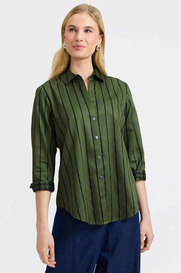 foxcroft Margie Stripe & Houndstooth 3/4 Sleeve Shirt