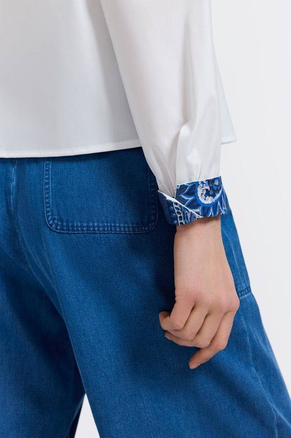 Foxcroft Marina Denim Paisley Long Sleeve Short Shirt