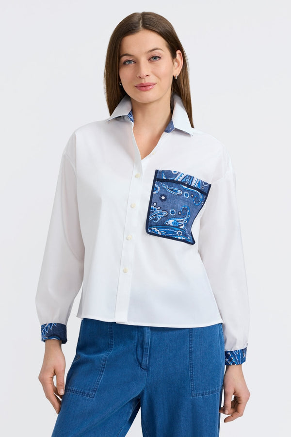 Foxcroft Marina Denim Paisley Long Sleeve Short Shirt