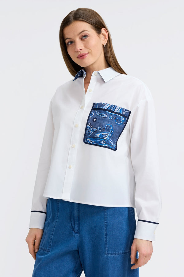 foxcroft Marina Denim Paisley Long Sleeve Short Shirt