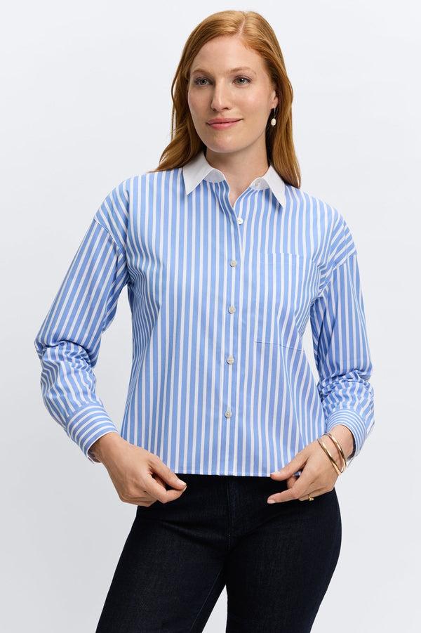 Foxcroft Marina No Iron Stretch Stripe Pocket Long Sleeve Short Shirt