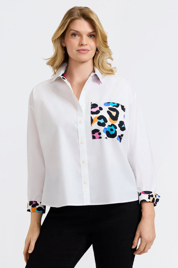 Foxcroft Marina Plus Multicolor Leopard Long Sleeve Short Shirt