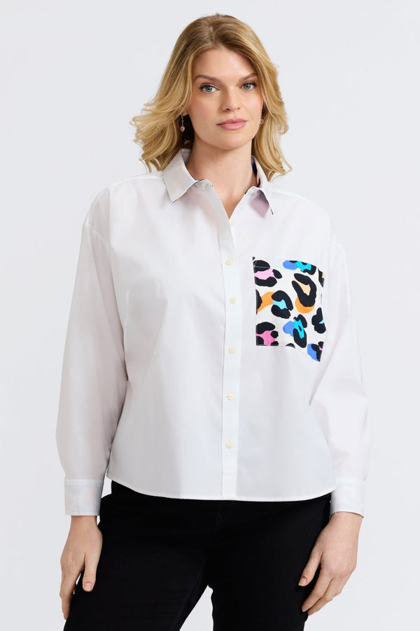 foxcroft Marina Plus Multicolor Leopard Long Sleeve Short Shirt