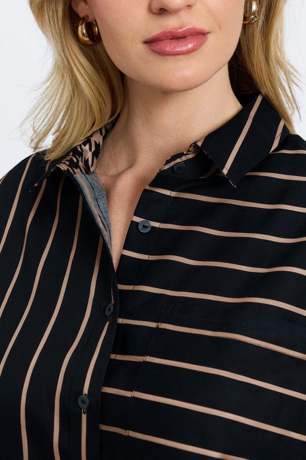 Foxcroft Marina Plus Stripe & Houndstooth Long Sleeve Short Shirt