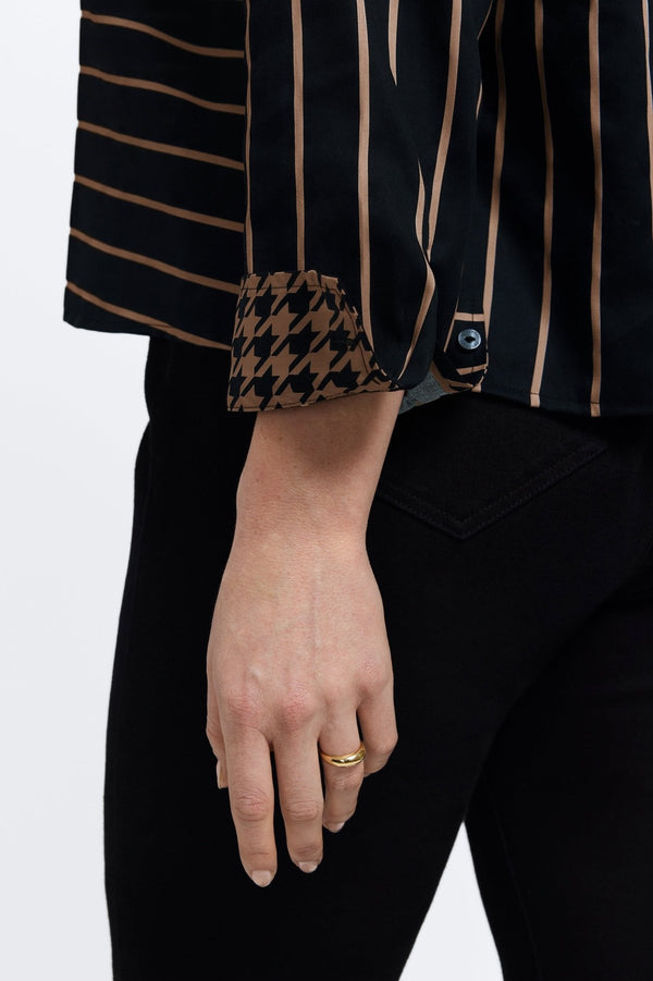 Foxcroft Marina Plus Stripe & Houndstooth Long Sleeve Short Shirt