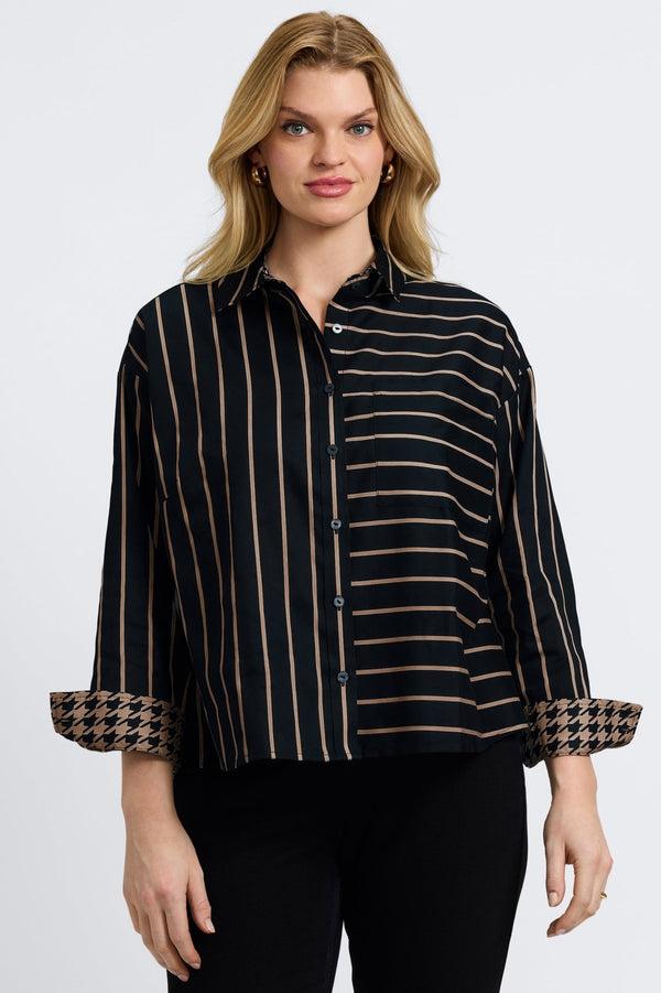 foxcroft Marina Plus Stripe & Houndstooth Long Sleeve Short Shirt