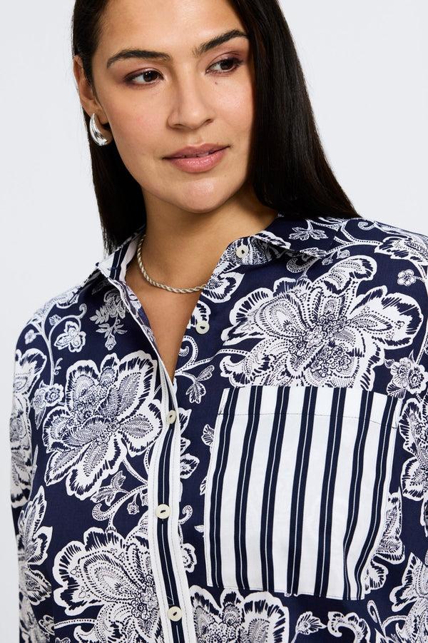 Foxcroft Marina Plus Woodblock Floral Long Sleeve Short Shirt