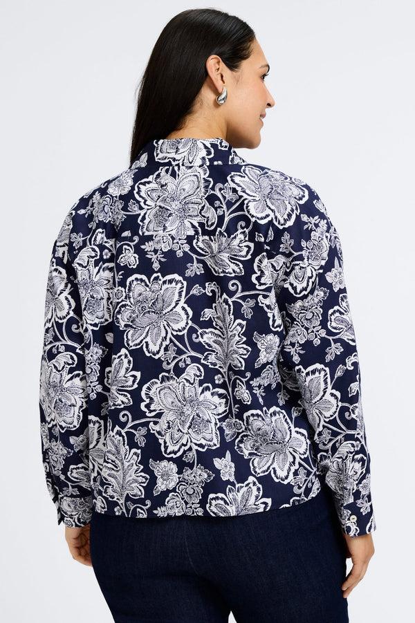 Foxcroft Marina Plus Woodblock Floral Long Sleeve Short Shirt