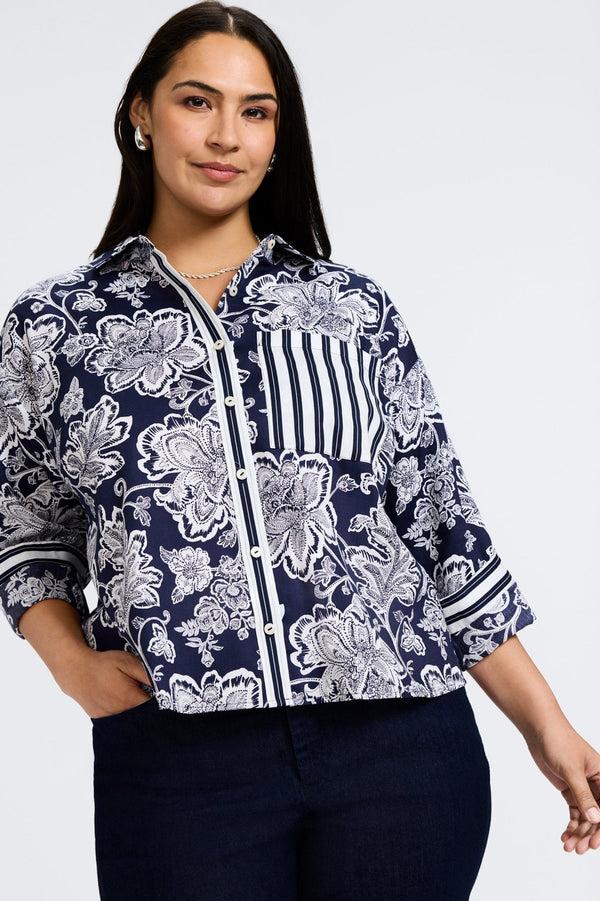 foxcroft Marina Plus Woodblock Floral Long Sleeve Short Shirt