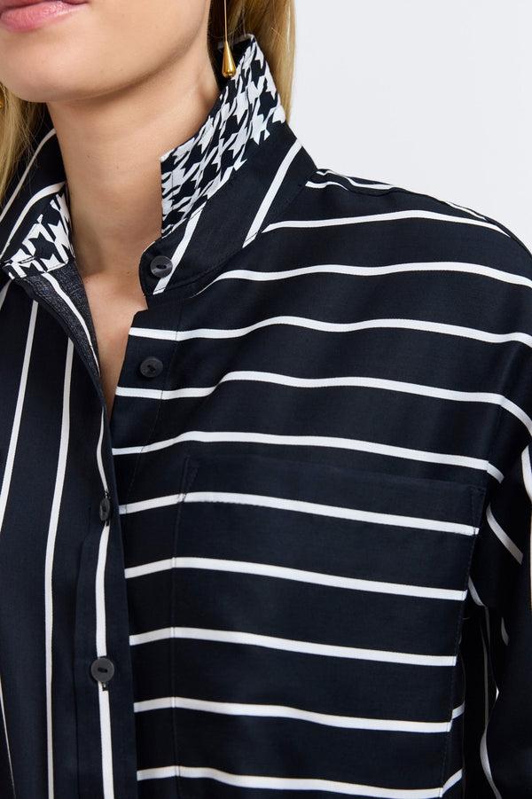 Foxcroft Marina Stripe & Houndstooth Long Sleeve Short Shirt
