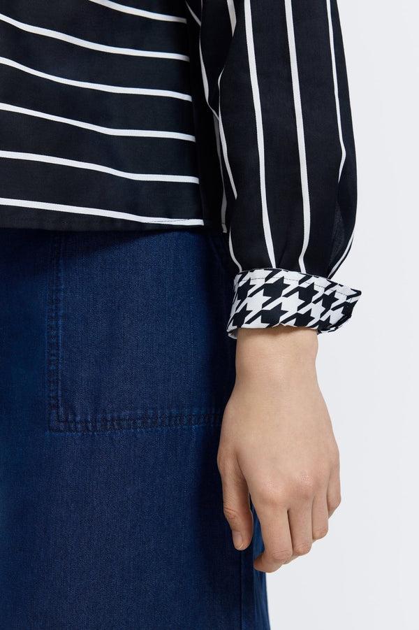 Foxcroft Marina Stripe & Houndstooth Long Sleeve Short Shirt