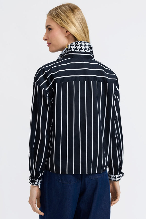 Foxcroft Marina Stripe & Houndstooth Long Sleeve Short Shirt
