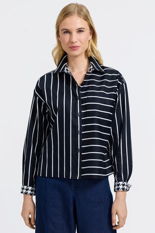 foxcroft Marina Stripe & Houndstooth Long Sleeve Short Shirt