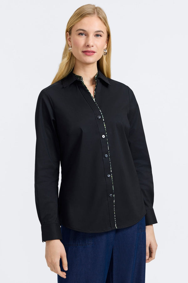 foxcroft Marlee Green Leopard Trim Long Sleeve Shirt