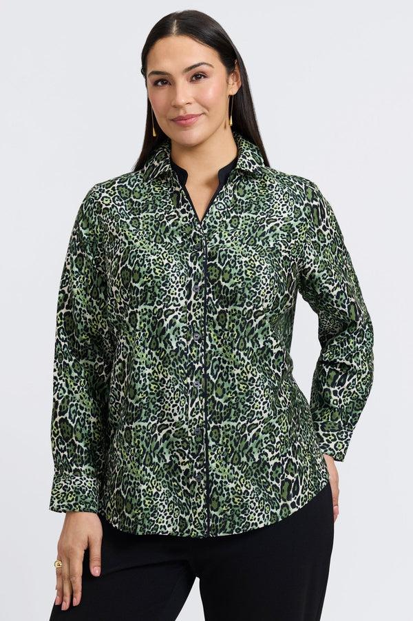foxcroft Marlee Plus Green Leopard Long Sleeve Shirt