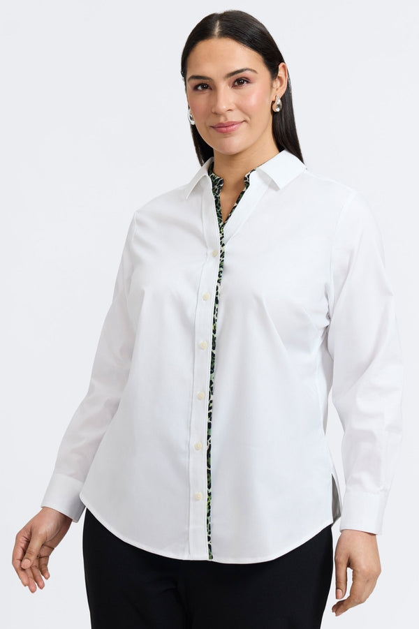 foxcroft Marlee Plus Green Leopard Trim Long Sleeve Shirt