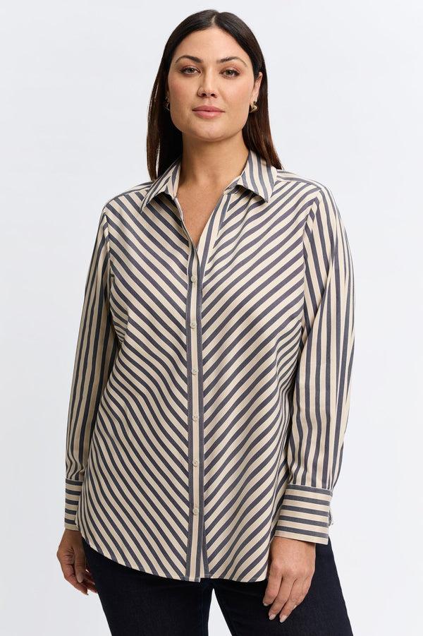 Foxcroft Mary Plus No Iron Stretch Stripe Long Sleeve Shirt
