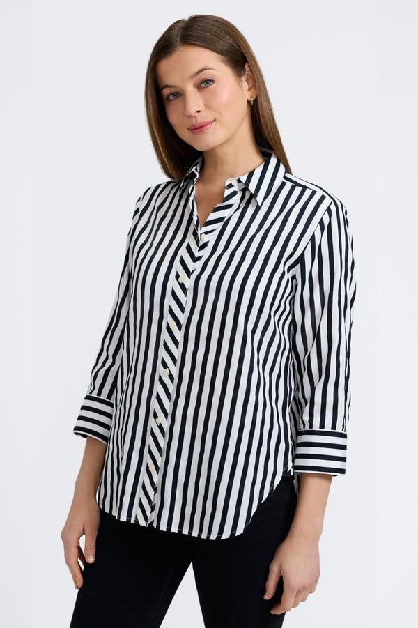 Foxcroft Meghan Black Stripe & Gingham 3/4 Sleeve Shirt