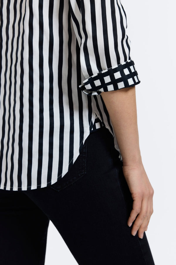 Foxcroft Meghan Black Stripe & Gingham 3/4 Sleeve Shirt