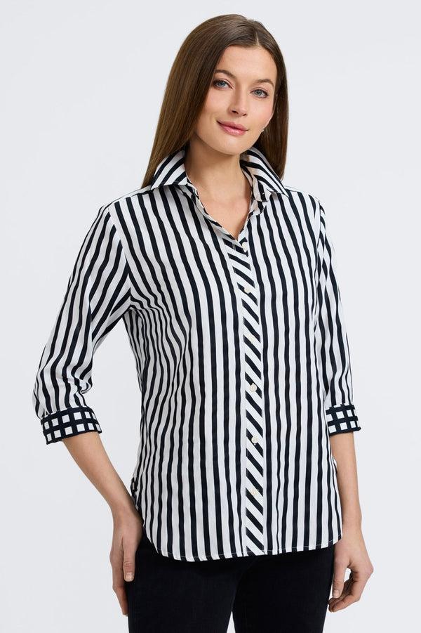 foxcroft Meghan Black Stripe & Gingham 3/4 Sleeve Shirt