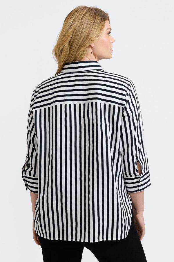Foxcroft Meghan Plus Black Stripe & Gingham 3/4 Sleeve Shirt