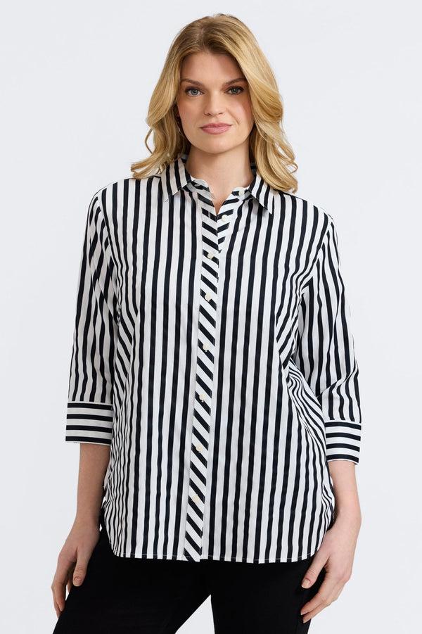 foxcroft Meghan Plus Black Stripe & Gingham 3/4 Sleeve Shirt
