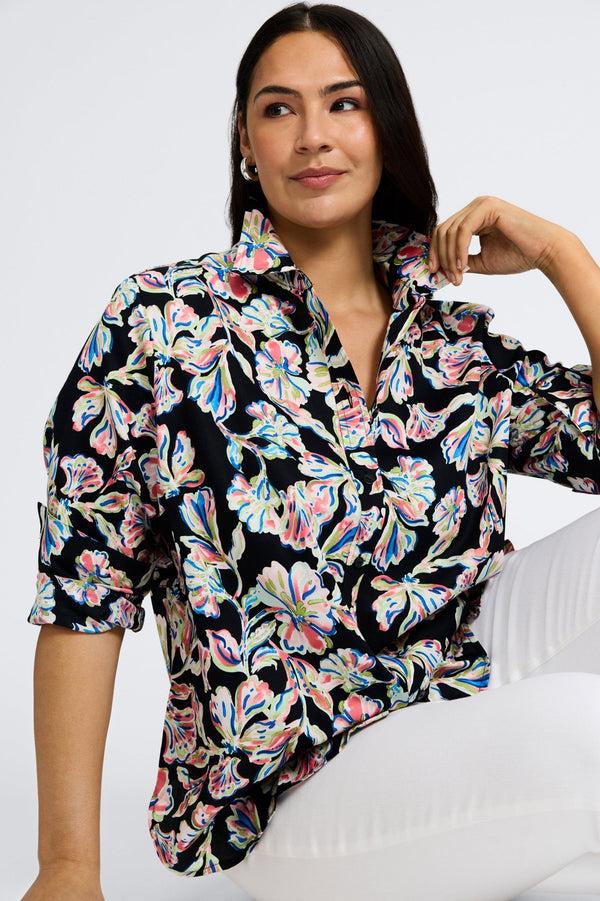 Foxcroft Meghan Plus Night Blossoms Long Sleeve Shirt