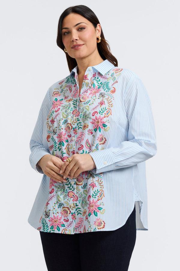 Foxcroft Meghan Plus Striped Floral Long Sleeve Shirt