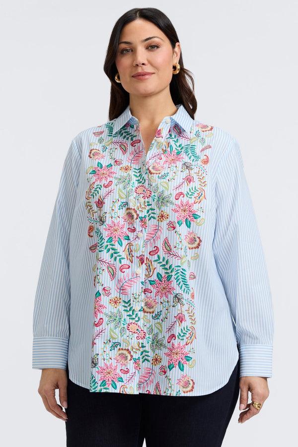 foxcroft Meghan Plus Striped Floral Long Sleeve Shirt