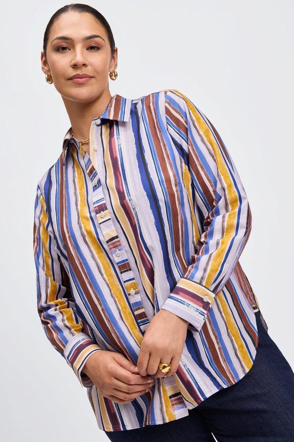 Foxcroft Meghan Plus Watercolor Stripe Long Sleeve Shirt