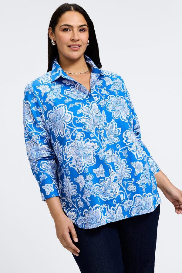 Foxcroft Meghan Plus Woodblock Floral Long Sleeve Shirt