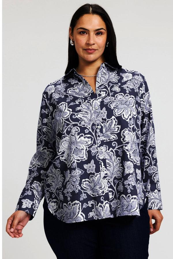 foxcroft Meghan Plus Woodblock Floral Long Sleeve Shirt