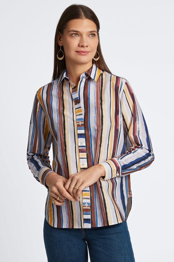 Foxcroft Meghan Watercolor Stripe Long Sleeve Shirt