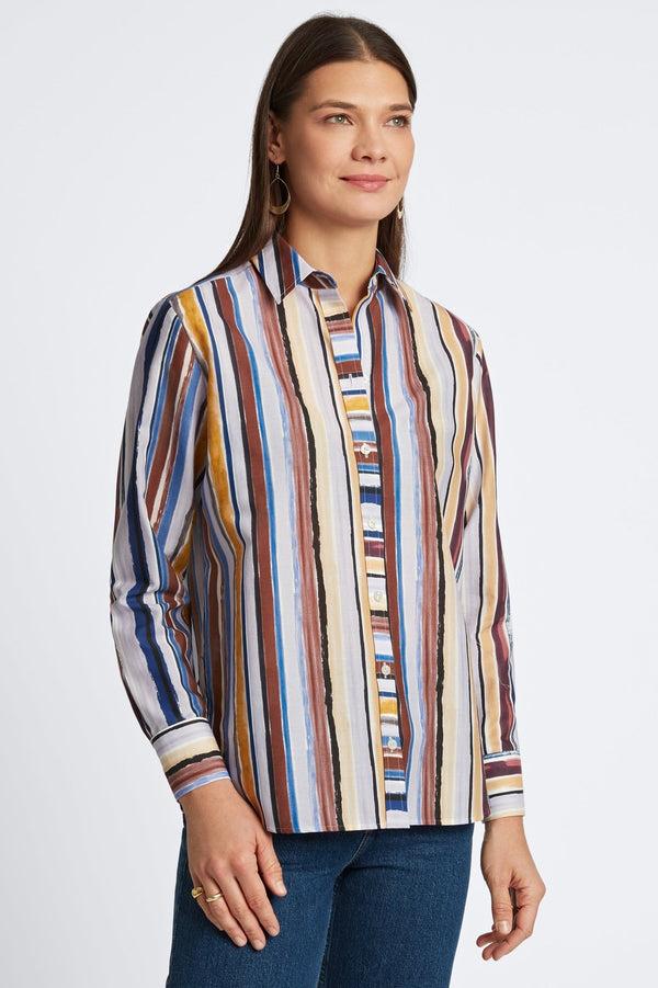 foxcroft Meghan Watercolor Stripe Long Sleeve Shirt