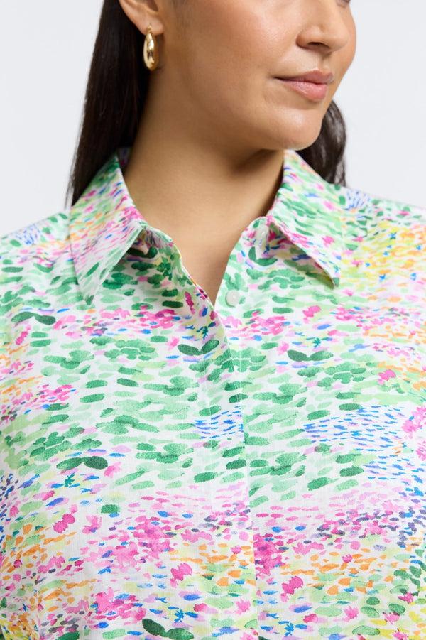 Foxcroft Olivia Plus Linen Impressionist Floral 3/4 Sleeve Shirt