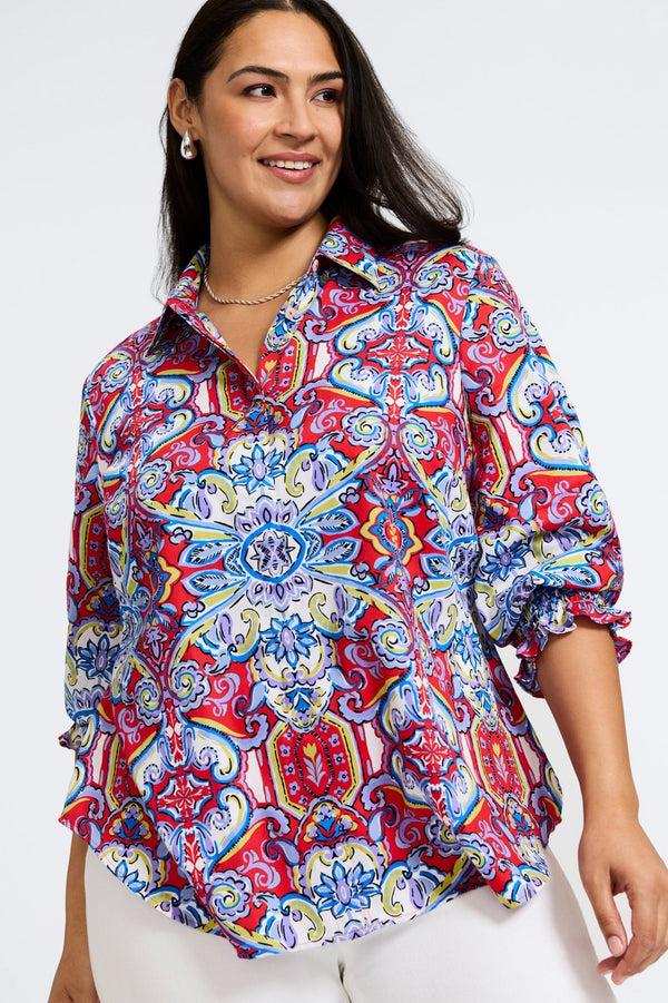 foxcroft Olivia Plus Mediterranean Tiles 3/4 Sleeve Shirt