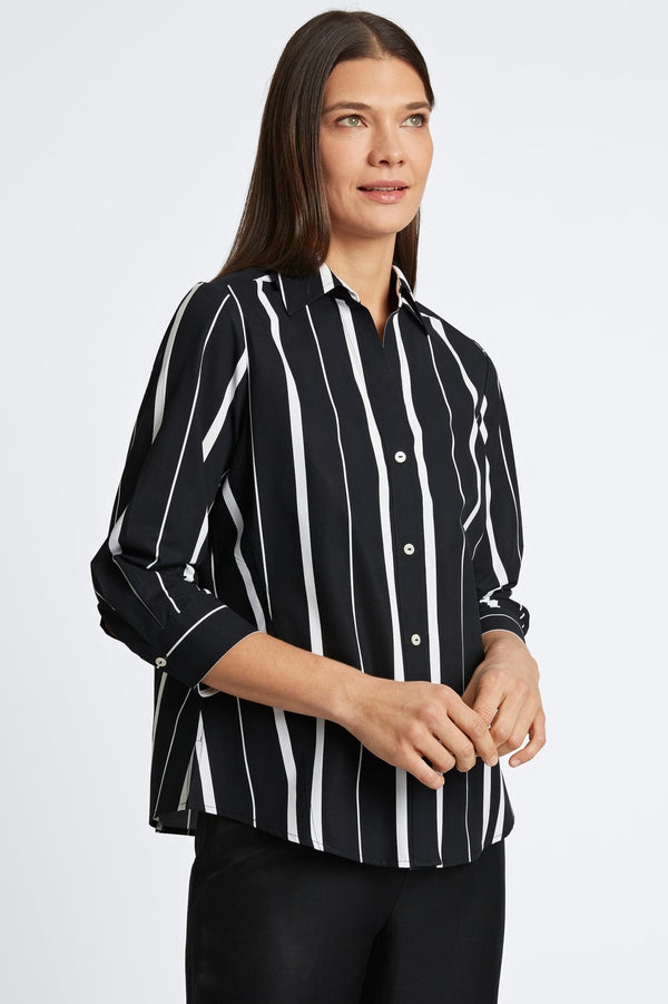 Foxcroft Paityn Black & White Stripe 3/4 Sleeve Shirt