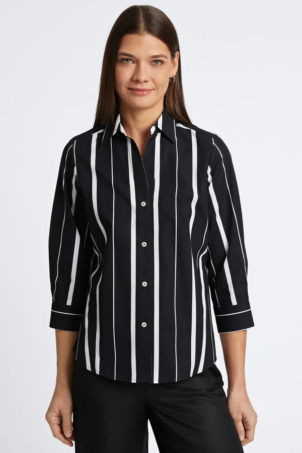 foxcroft Paityn Black & White Stripe 3/4 Sleeve Shirt