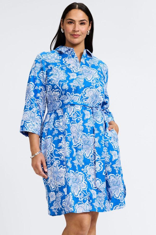 foxcroft Rocca Plus Woodblock Floral 3/4 Sleeve Dress