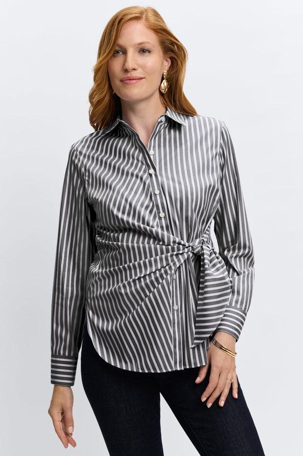 foxcroft Sabine No Iron Stretch Stripe Tie Long Sleeve Shirt