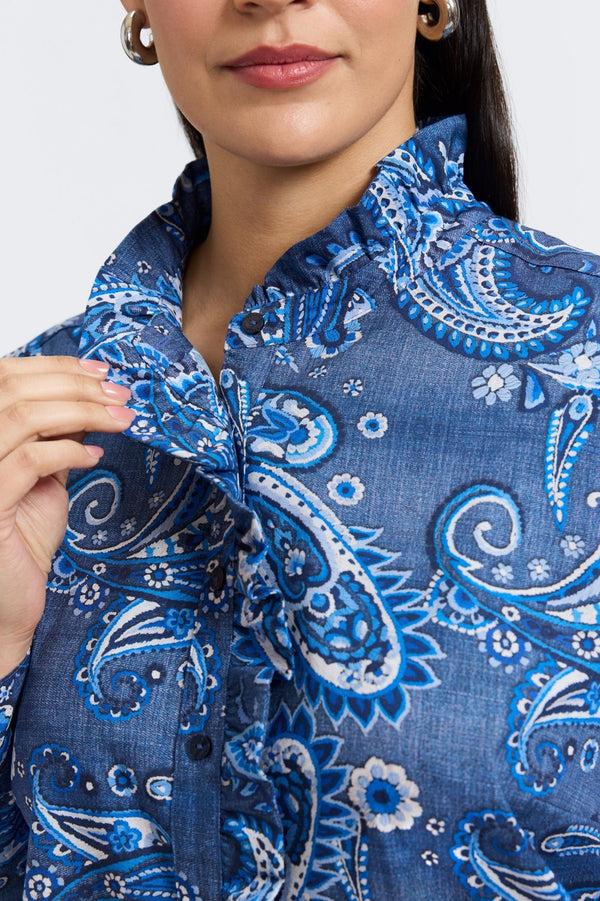 Foxcroft Sadie Plus Denim Paisley Long Sleeve Shirt