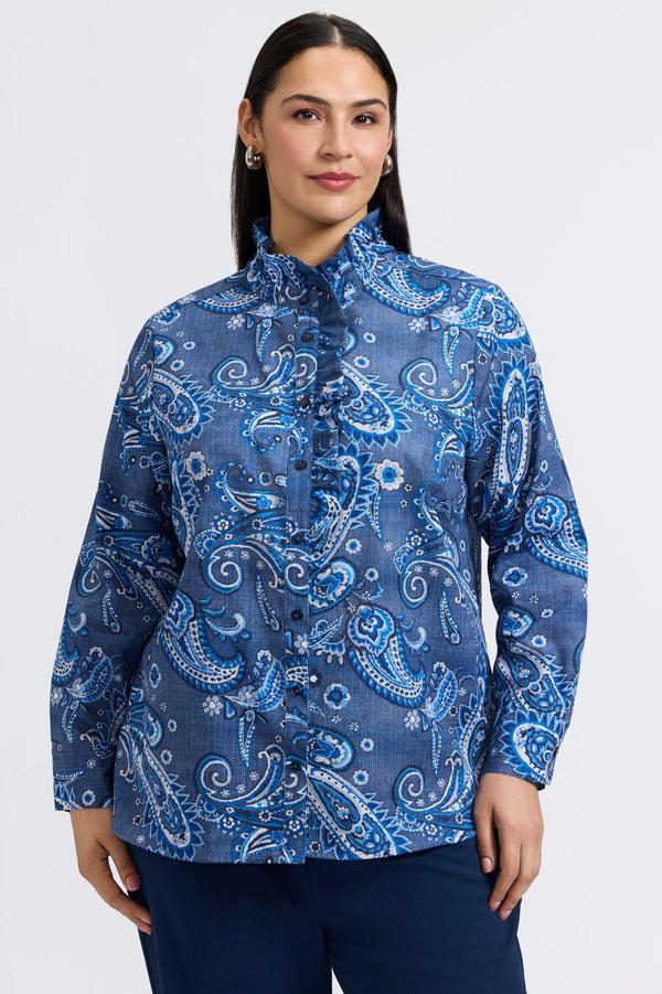 foxcroft Sadie Plus Denim Paisley Long Sleeve Shirt