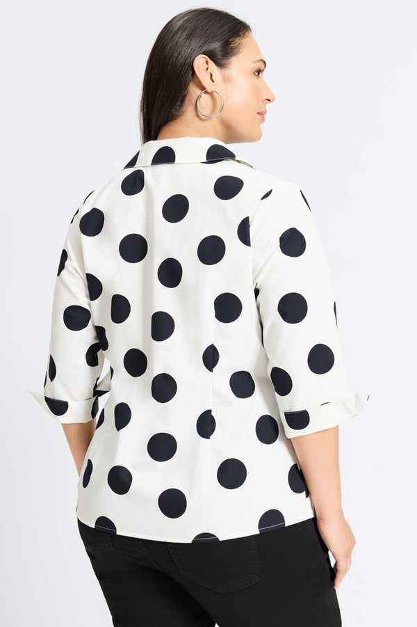 Foxcroft Salina Plus Black & White Dot 3/4 Sleeve Shirt